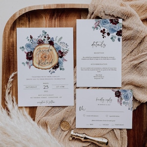 Wedding Invitation Rustic, Wedding Invitation Navy Blue and Burgundy, Invitation Suite, Invitation Wood Slice, Invitation Template, Editable