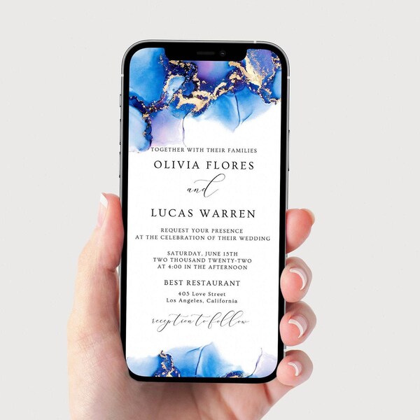Digital Wedding Invitation Template, Wedding Invitation Blue, Elegant Wedding Invite for Phone, Text Message Invitation, Editable Template