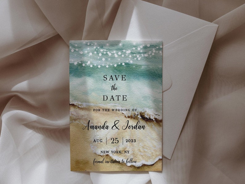Modello di invito "Save the Date", tema spiaggia, testo modificabile, download digitale stampabile immagine 4