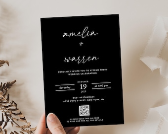 Czarno-białe zaproszenie ślubne z kodem QR RSVP, edytowalne zaproszenie, natychmiastowe pobranie