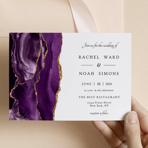 Purple and Gold Wedding Invitation Set, Wedding Invitation Suite Template, Invitation with Purple Agate, Invitation with RSVP, Download