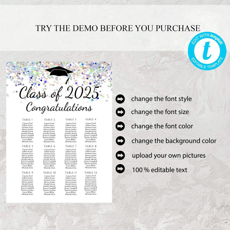 Graduation Seating Chart Plan Template, All Text Editable, Digital ...