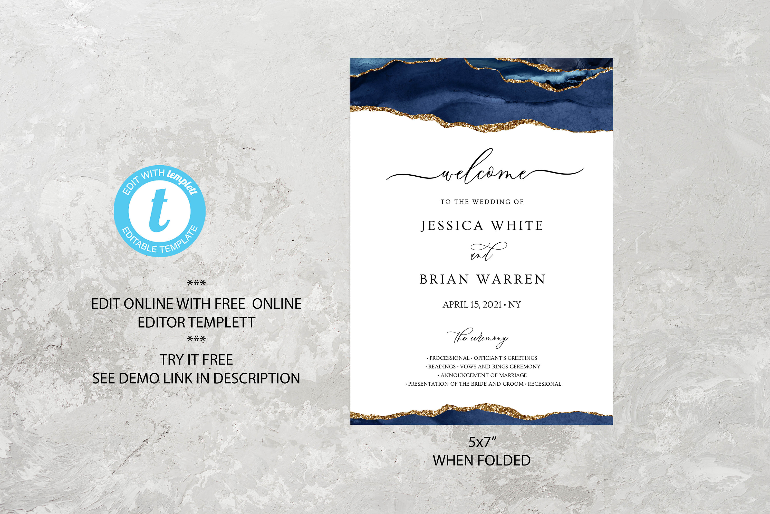Blue and Gold Fan Programs for Wedding Fan Program Template | Etsy