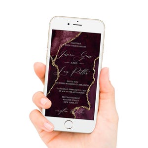 デジタル結婚式招待状、バーガンディとゴールドの結婚式招待状、電子招待状、テキストメッセージ結婚式、編集可能、デジタルダウンロード