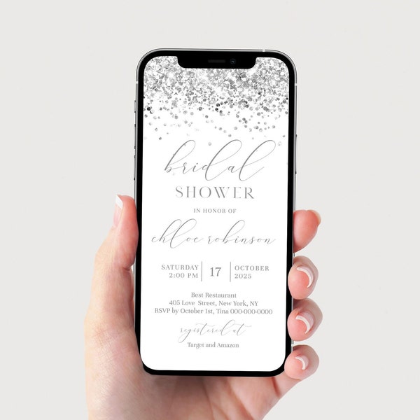 Silver Bridal Shower Invitation, Digital Bridal Shower Invitation Template, DIY Bridal Shower Invite, Eco friendly, Glitter, Text Message