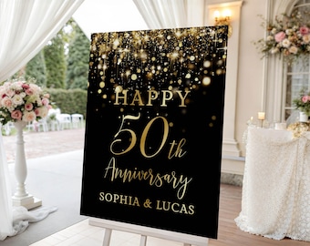 50th Anniversary Welcome Sign Black and Gold Shimmer, Personalized, Editable Template
