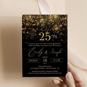 25周年記念招待状、結婚記念日招待状、黒と金の記念日招待状、グリッター、完全に編集可能なテキスト、ダウンロード