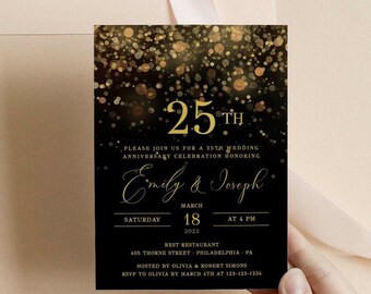 Inbjudan till 25-årsjubileum, bröllopsdagsinbjudan, svart och guldfärgad jubileumsinbjudan, glitter, helt redigerbar text, nedladdning