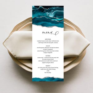 Teal and Silver Menu Card Template, Wedding Menu Card, Menu Card Dinner Party, Turquoise Agate, Editable, Printable, Instant Download