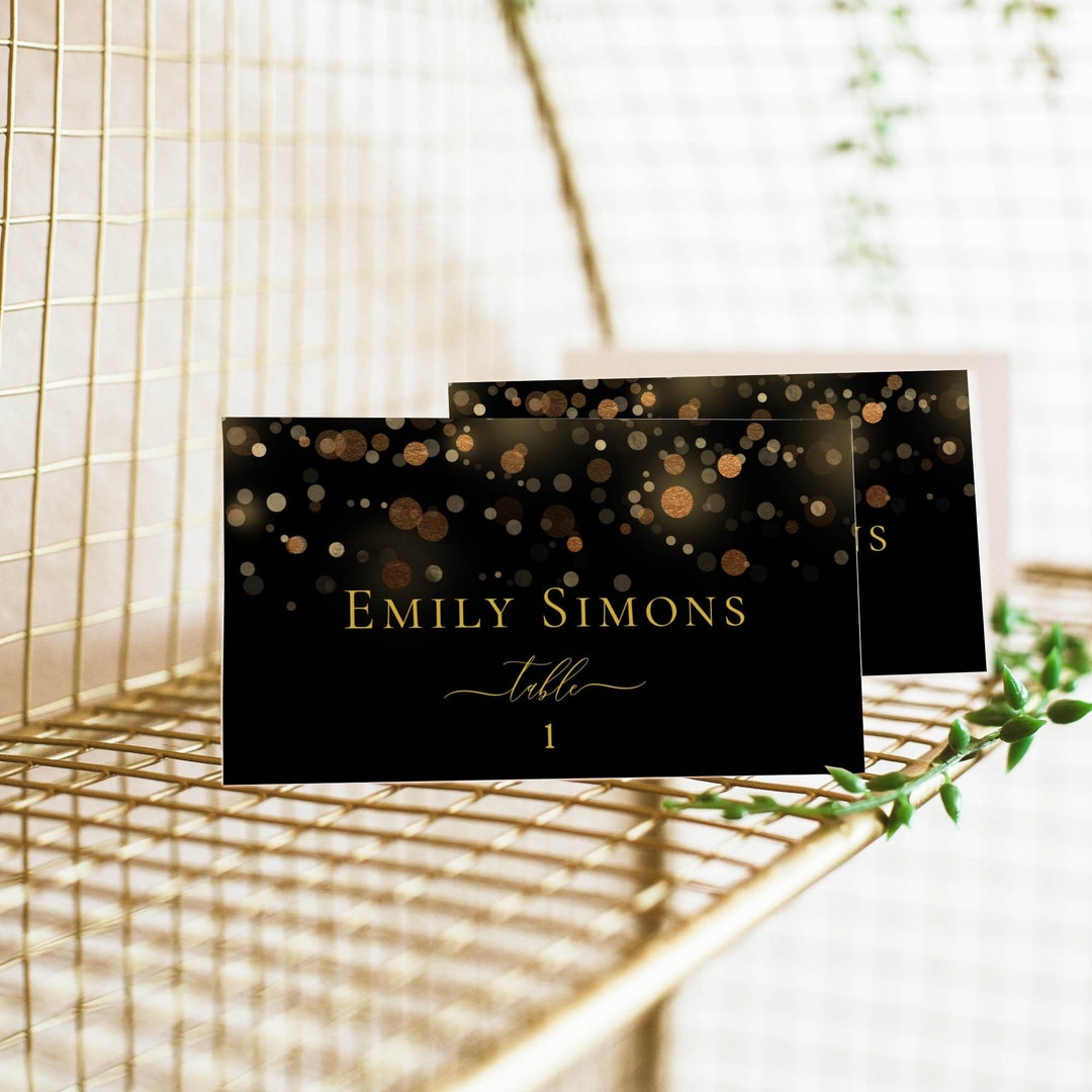 Black and Gold Place Card Template, Black Place Card, Flat and Folded ...