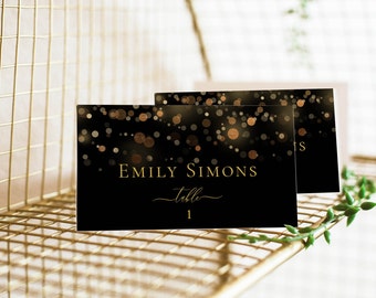 Black and Gold Place Card Template, Black Place Card, Flat and Folded Place Card, Name Card, Escort Card, Editable Text, Instant Download