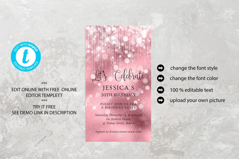 Pink Birthday Invitation, Digital Birthday Invite, Birthday Invitation Girl, Women Birthday Invitation, Pink Party, Shower Invite image 2