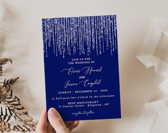 Blue and Silver Wedding Invitation, Invitation Template, Fairy Lights, Silver Lights, Shimmery, Download, Editable online with free Templett