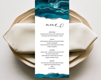 Teal and Silver Menu Card Template, Wedding Menu Card, Menu Card Dinner Party, Turquoise Agate, Editable, Printable, Instant Download