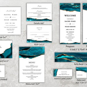 Wedding invitation bundle Teal and Gold, Wedding invitation kit, Wedding invitation suite agate, Invitation suite template, Instant Download image 2