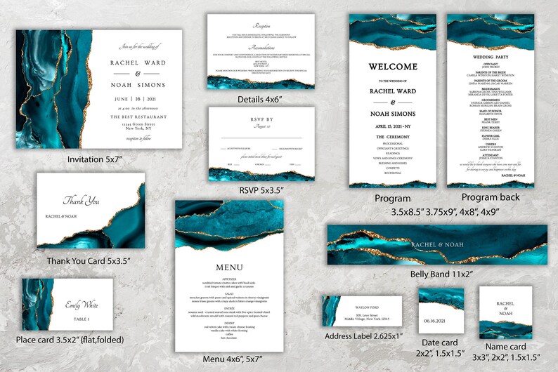 Wedding invitation bundle Teal and Gold, Wedding invitation kit, Wedding invitation suite agate, Invitation suite template, Instant Download image 2