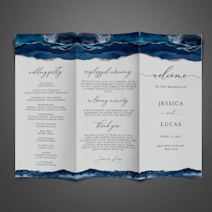 Plantilla de programa de boda tríptico azul y plateado, programa de boda tríptico, programa plegable, ágata azul, mármol, editable, descarga instantánea