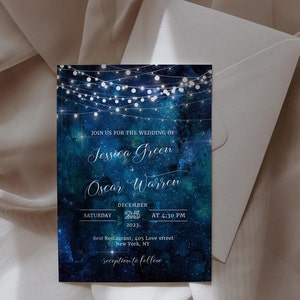 May include: A navy blue wedding invitation with a starry night sky background and white string lights. The invitation reads "Join us for the wedding of Jessica Green and Oscar Warren, Saturday, December 25, 2023, at 4:30 PM, Best Restaurant, 405 Love Street, New York, NY, Reception to follow."