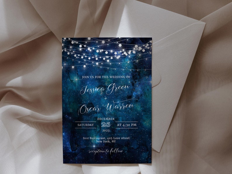 May include: A navy blue wedding invitation with a starry night sky background and white string lights. The invitation reads "Join us for the wedding of Jessica Green and Oscar Warren, Saturday, December 25, 2023, at 4:30 PM, Best Restaurant, 405 Love Street, New York, NY, Reception to follow."