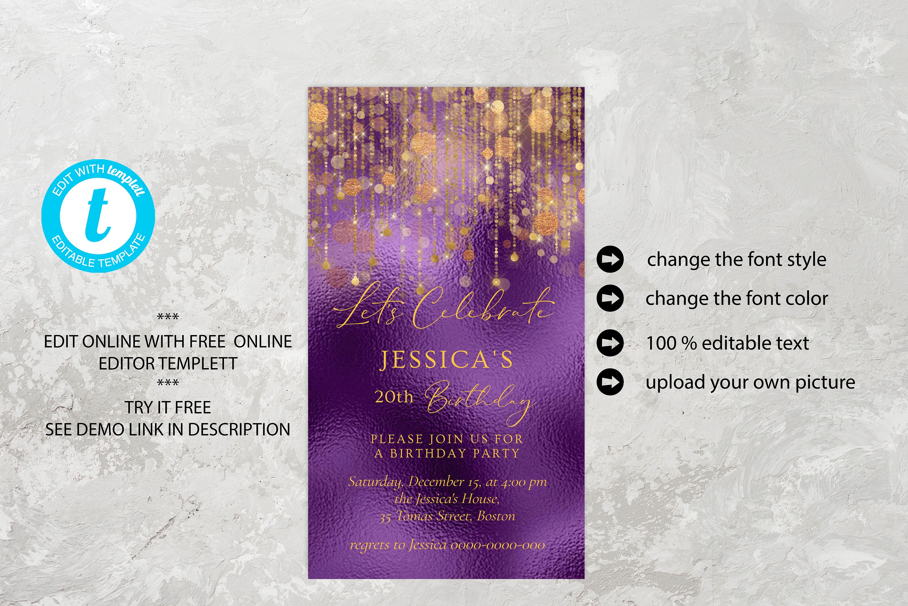 Digital Birthday Invitation Template Birthday Invite Purple Etsy