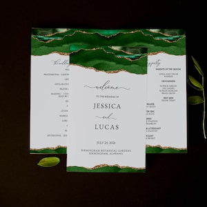 Grün und Gold gefaltetes Hochzeitsprogramm, grünes Hochzeitsprogramm, Zeremonieprogramm, Broschürenprogramm, Smaragd, Achat, bearbeitbar