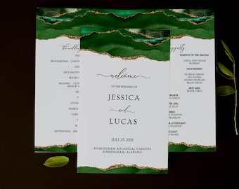 Green and Gold Folded Wedding Program Template, Greenery Wedding Program, Ceremony Program, Booklet Program, Emerald, Agate, Editable