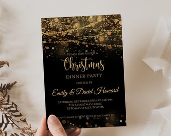 Save the Date Christmas Invitation, Christmas Party Invite Template Download, Black and Gold Invitation, Shimmery, Gold Lights, Printable