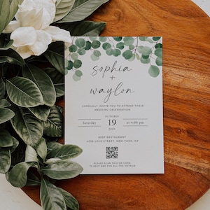 Wedding Invitation QR code, Eucalyptus Wedding Invitation Template, Wedding Invitation with QR code rsvp, Greenery Wedding Invitation