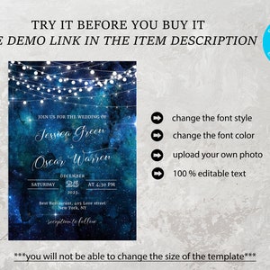 May include: Editable wedding invitation template with a blue galaxy background, white string lights, and the text "Join us for the wedding of Jessica Green & Oscar Warren".