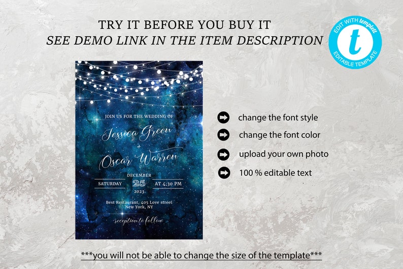 May include: Editable wedding invitation template with a blue galaxy background, white string lights, and the text "Join us for the wedding of Jessica Green & Oscar Warren".