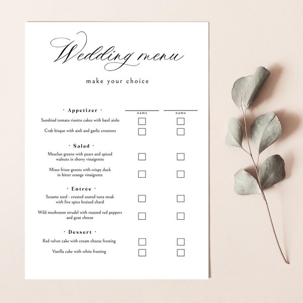 Wedding Menu Selection Card, Menu Choice Card, Wedding Menu Card Printable, Wedding Menu Option, 100% Editable Text, Instant Download