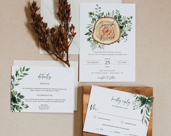 Rustic Wedding Invitation Set, Country Wedding Invitation, Wood Paper Wedding Invitation Suite, Greenery Invitation Template, Templett