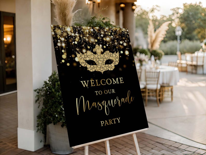 Black and Gold Masquerade Party Welcome Sign Editable, Personalize ...