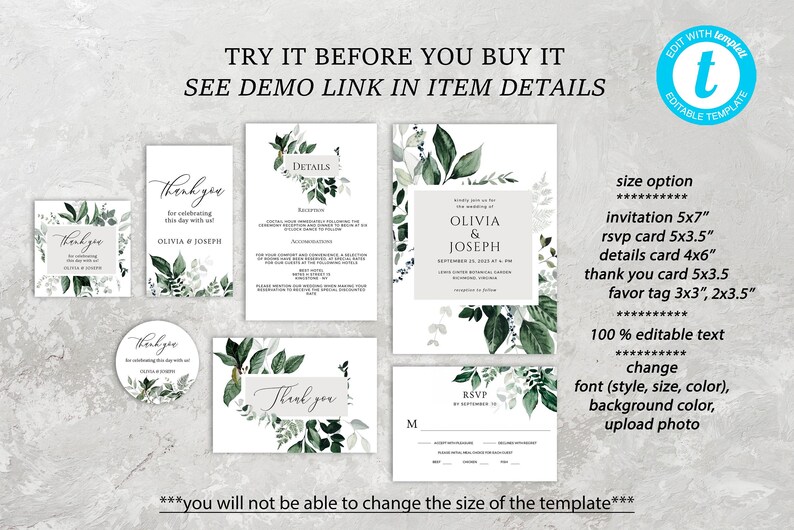 OLIVIA - Invitación de boda con vegetación, conjunto de invitaciones de boda, invitación de boda rústica y botánica, plantilla editable, descarga digital imagen 6