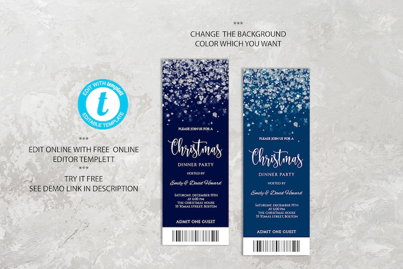 May include: Two blue and silver Christmas party ticket invitations with a silver glitter background. The text reads "Please join us for a Christmas Dinner Party" and includes the host names, date, time, and location. The bottom of the ticket says "Admit One Guest".