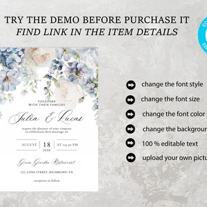 Puede incluir: Una plantilla de invitaci&oacute;n de boda con un dise&ntilde;o floral de acuarela en tonos azules y blancos. El texto dice "Juntos con sus familias, Julia & Lucas les solicitan el placer de su compa&ntilde;&iacute;a para celebrar su matrimonio el 18 de agosto de 2026 a las 4:30 PM. Green Garden Restaurant, 125 Love Street, Richmond, VA. Recepci&oacute;n a continuaci&oacute;n."