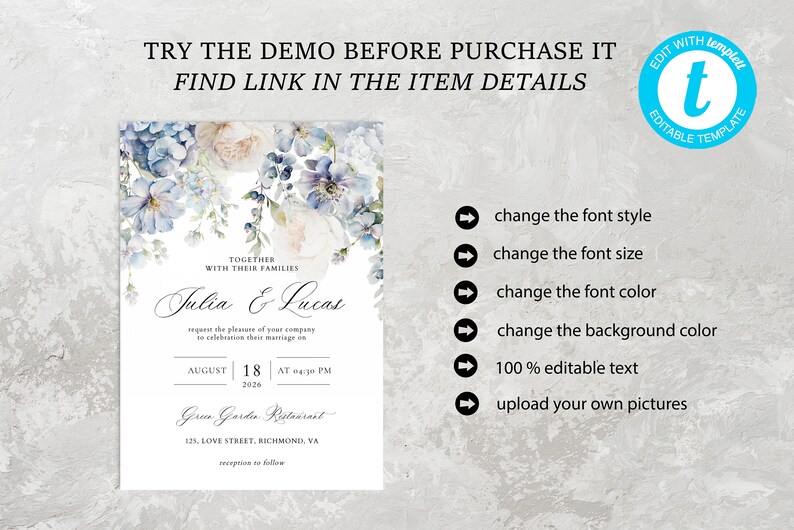 Puede incluir: Una plantilla de invitaci&oacute;n de boda con un dise&ntilde;o floral de acuarela en tonos azules y blancos. El texto dice "Juntos con sus familias, Julia & Lucas les solicitan el placer de su compa&ntilde;&iacute;a para celebrar su matrimonio el 18 de agosto de 2026 a las 4:30 PM. Green Garden Restaurant, 125 Love Street, Richmond, VA. Recepci&oacute;n a continuaci&oacute;n."