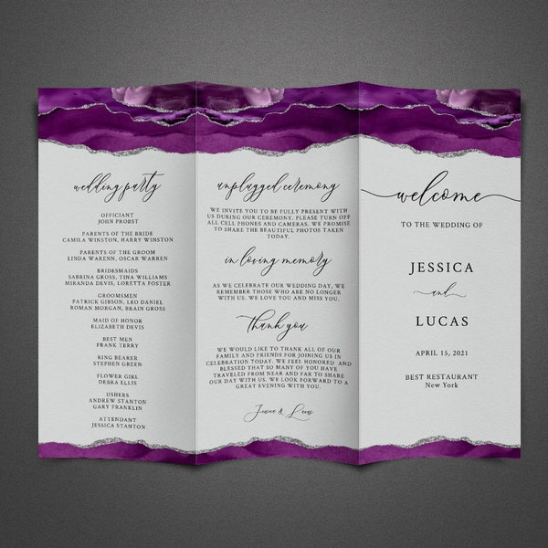 Purple and Silver Trifold Wedding Program, Ceremony Program, Wedding Program Trifold Template, Marble Wedding, Purple, Instant Download