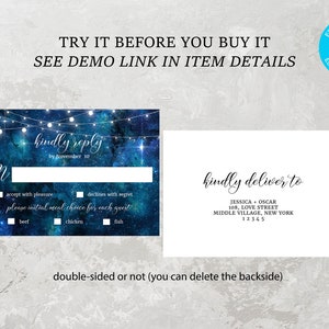 May include: A double-sided RSVP card with a starry night sky background and white lights. The front side has a section for guests to RSVP and choose their meal preference. The back side has a section for guests to write their address. The text on the card reads "kindly reply by November 10" and "kindly deliver to".
