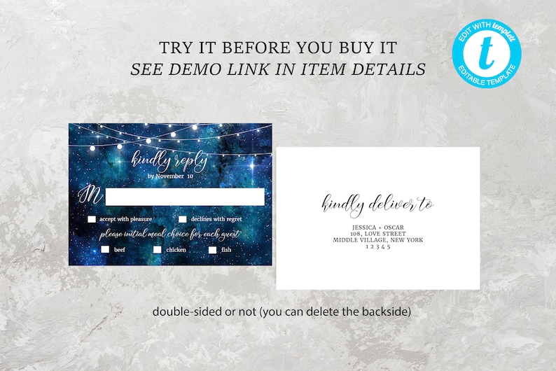 May include: A double-sided RSVP card with a starry night sky background and white lights. The front side has a section for guests to RSVP and choose their meal preference. The back side has a section for guests to write their address. The text on the card reads "kindly reply by November 10" and "kindly deliver to".