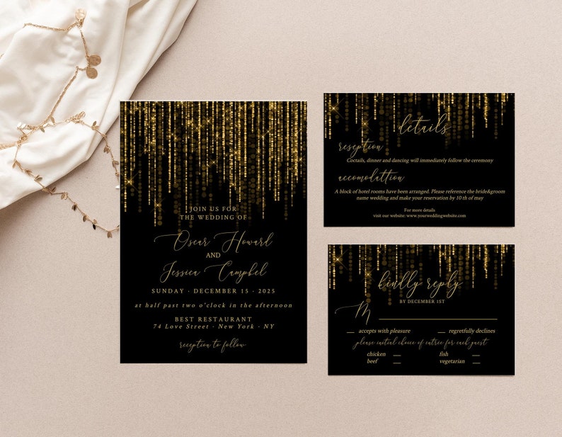 Wedding Invitation Black and Gold, Wedding Invitation Suite, Wedding Invitation Winter, New Year Wedding Invitation, Editable Text image 1