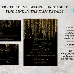 Wedding Invitation Black and Gold, Wedding Invitation Suite, Wedding Invitation Winter, New Year Wedding Invitation, Editable Text image 6