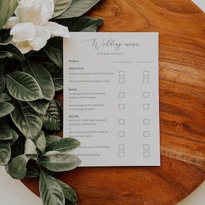 Selectiekaart bruiloftsmenu, kaart menukeuze, afdrukbare menukaart bruiloft, optie bruiloftsmenu, menu vrijgezellenfeest, 100% bewerkbare tekst