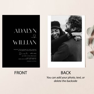 May include: Black and white wedding invitation with the names Adalyn and Willian, the date December 12th, 2025, and the time 4:00 in the afternoon. The back of the invitation has a black and white photo of a couple hugging.