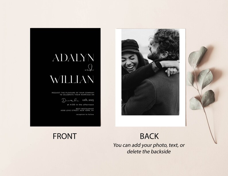 May include: Black and white wedding invitation with the names Adalyn and Willian, the date December 12th, 2025, and the time 4:00 in the afternoon. The back of the invitation has a black and white photo of a couple hugging.