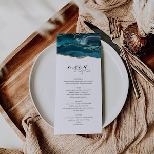 Szablon menu weselnego, karta menu na wydarzenie, menu weselne turkusowe i złote, tabliczka na menu weselne, menu do wydrukowania, natychmiastowe pobranie