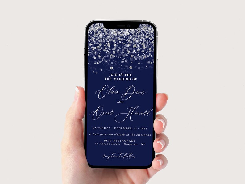 May include: A navy blue wedding invitation with silver glitter. The invitation reads "Join us for the wedding of Olivia Davis and Oscar Howard, Saturday, December 15, 2022, at half past two o'clock in the afternoon, Best Restaurant, 74 Thorne Street, Kingston, NY, reception to follow."