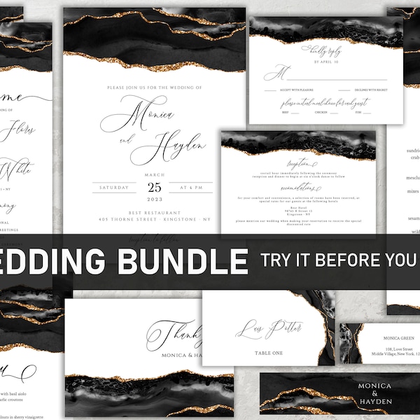 Wedding Invitation Bundle Black and Gold, Wedding Invitation Set Marble Template, Wedding Invitation Suite, Downloadable, Editable online