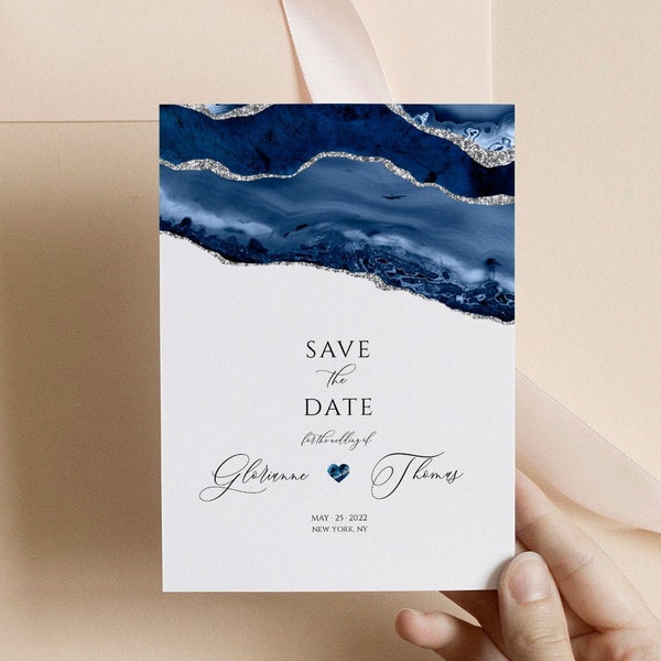 Save the Date Template, Save the Date Postcard, Blue and Silver Save The Date, Classic Blue Save the Date, Silver Save our Date, Editable