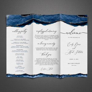 Blue and Gold Wedding Program Template, Trifold Wedding Program Template, Ceremony Program, Printable Program, Blue Agate, Instant Download